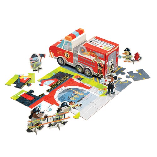 Puzzle caserne de pompiers et camion de pompiers en carton en guise de boîte de rangement